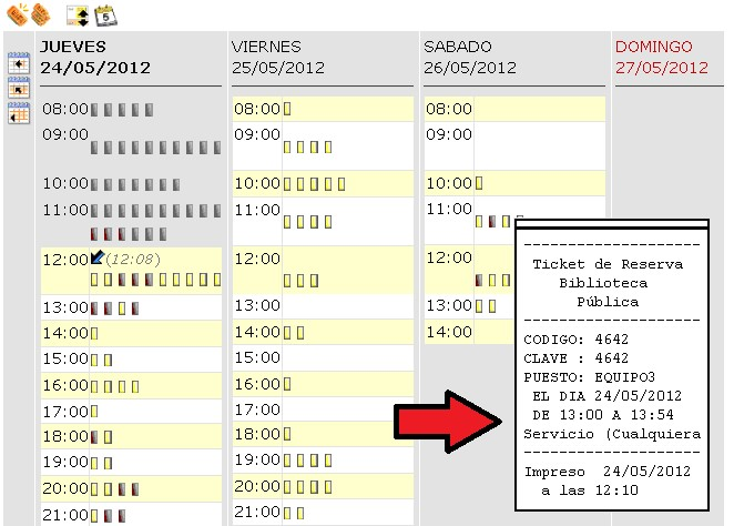 Calendario de reservas de terminales y ticket de reserva de una biblioteca pública
